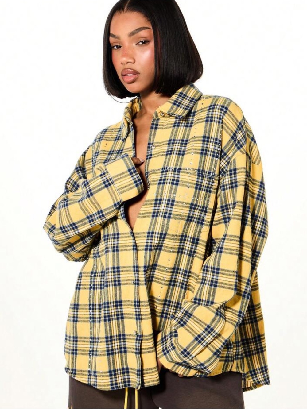 Oversized Plaid Rhinestone Embellished Button Front Blouse With